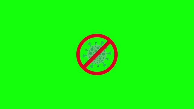Stop virus forbidden sign and coronavirus cell vector animation on green screen background chroma key