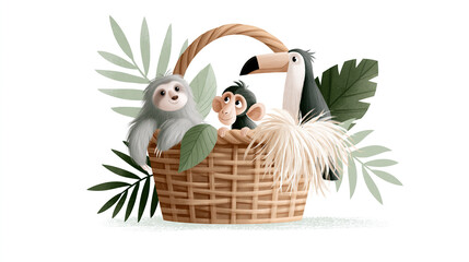 Naklejka premium Whimsical animals in a woven basket with tropical leaves