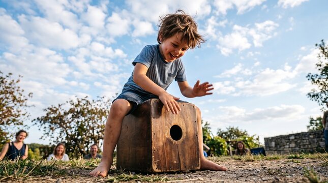 Joyful young boy plays cajon drum outdoors with family watching happily under a blue sky with clouds