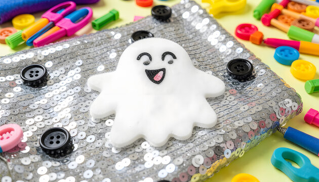 Halloween crafting concept featuring a silver sequin fabric swatch with a cute white ghost cutout and black buttons, surrounded by an orange pumpkin, scissors and colorful sewing materials. Festive, 