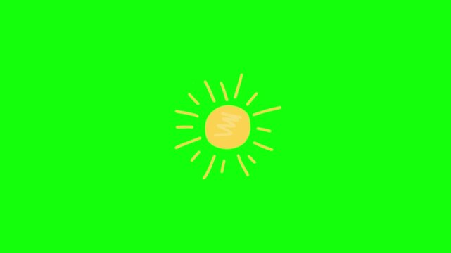 Hand drawn yellow sun shining and glowing sketchy vector animation on green screen background chroma
