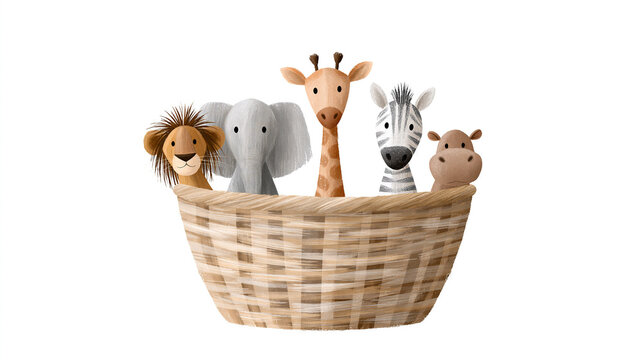 Whimsical cartoon animals in a woven basket