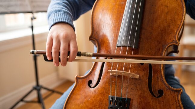 Close up of a childs hand holding a cello bow ready to play the string instrument
