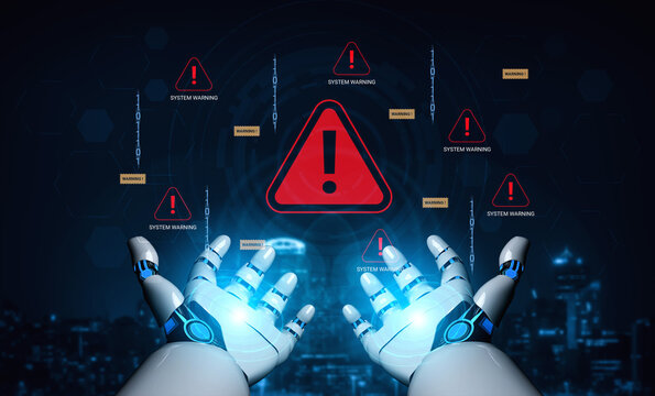 Futuristic Robot Hands Displaying Digital Interface with System Warning Alerts on a Dark Background. Glyphic.