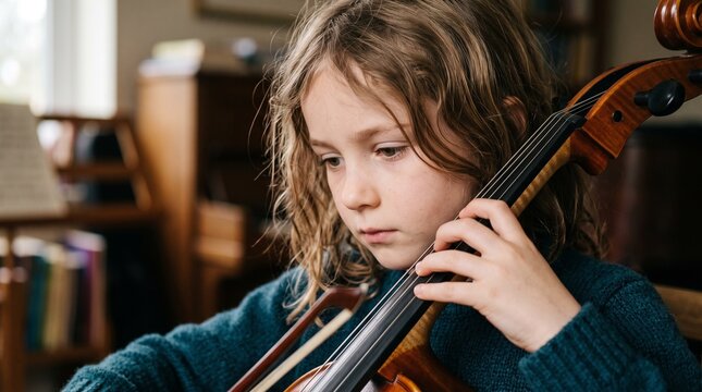Young child with long curly hair intently playing the cello in a room with bookshelves