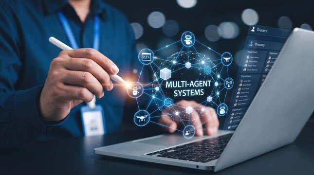 Professional interaction with a futuristic multi-agent system displayed on a laptop screen, symbolizing advanced artificial intelligence, decentralized networks