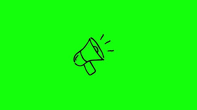 Hand drawn sketch megaphone speaker broadcasting announcement vector animation on green screen background