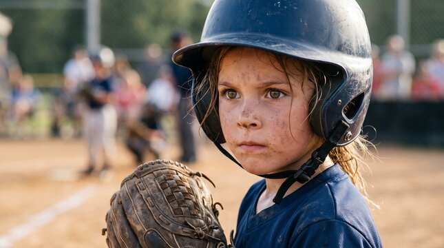 Young baseball player with dirty face and helmet looks determined on the field