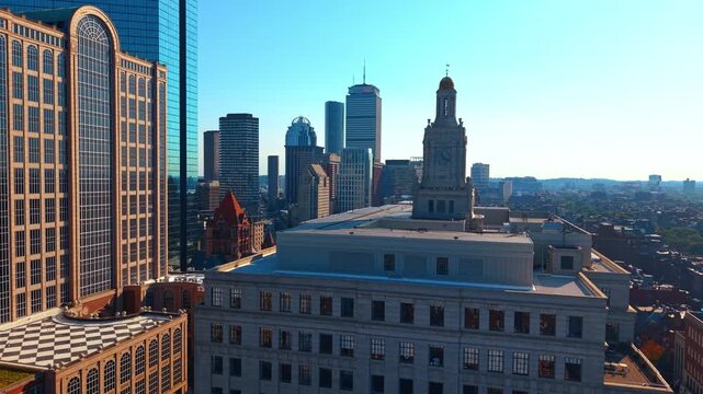 Footage around the top of the prominent historic building with the clock tower. The Custom House Tower or Marriott's Custom House located in Boston, Massachusetts, USA.