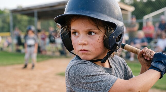Young baseball player with dirt smudges on face grips bat intently during game