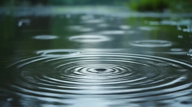 Raindrops create ripples on a calm lake surface, nature's abstract patterns