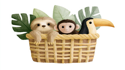 Naklejka premium Three cute cartoon animals peeking out of a woven basket