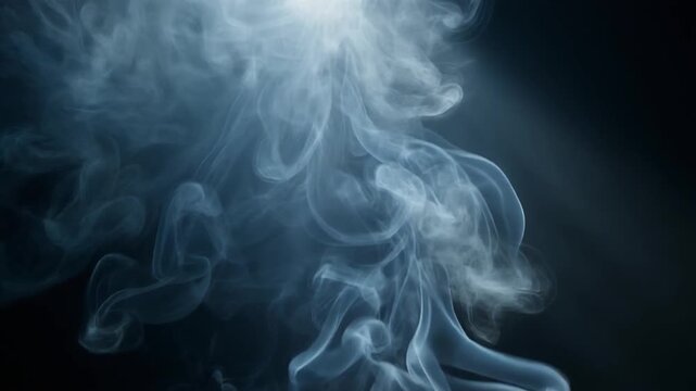 Mysterious Blue Smoke Swirls Upward Against Dark Background with Light Rays