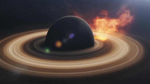 Black Hole with Accretion Disk and Burning Planet, Cosmic Event, Space Science