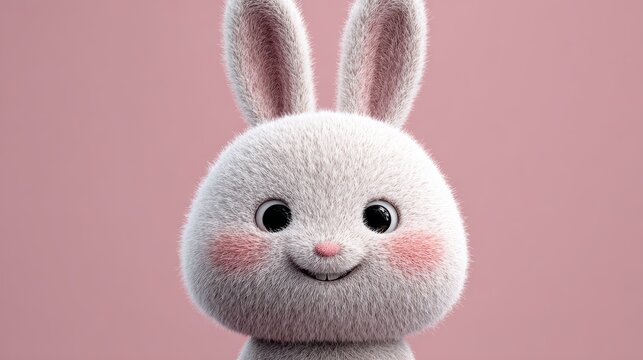 Fluffy white bunny with rosy cheeks smiling against soft pink background isolated