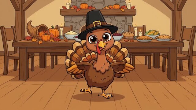Cute cartoon turkey character with traditional pilgrim hat dancing inside a cozy room decorated for Thanksgiving.