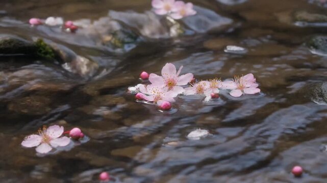 Cherry Blossoms Floating on Water, Spring Nature Scene, Gentle Stream