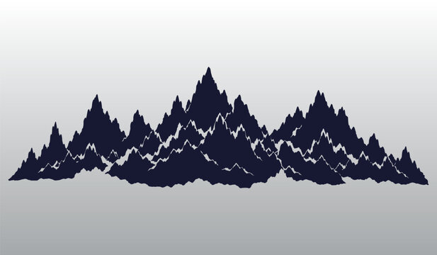 Panoramic silhouette of rugged mountain peaks and jagged rocky ridges with layered terrain against a gradient sky, minimalist alpine nature landscape vector illustration.