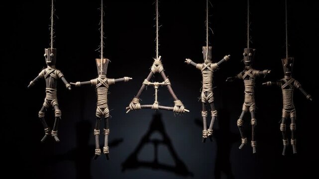 A seamless pattern voodoo dolls hanging on strings against black background
