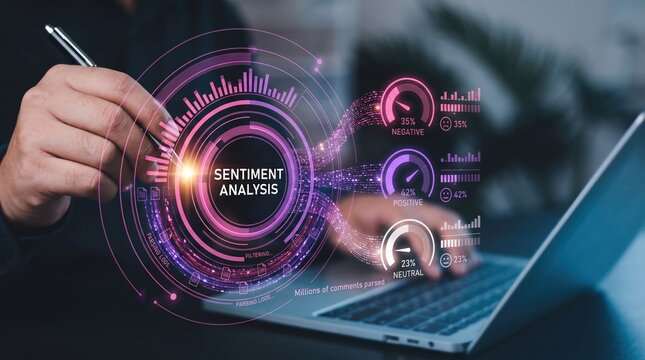 Professional conducting digital sentiment analysis using advanced technology on a laptop, gaining real-time insights from customer data for strategic business optimization