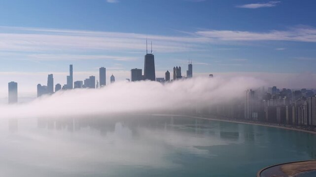 Chicago Skyline Emerging Above Dense Fog Over Lake Michigan