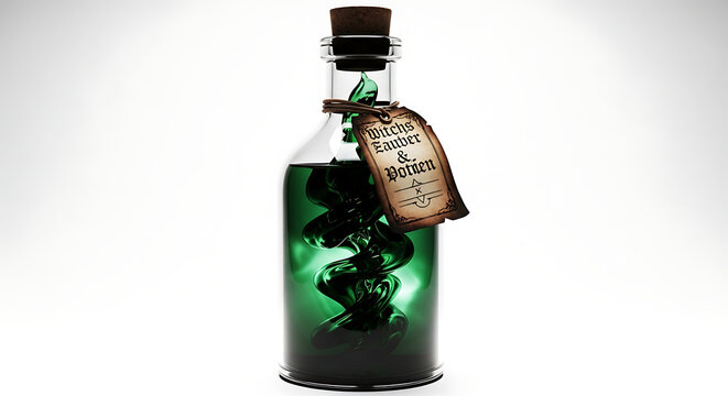 Glass bottle containing swirling green liquid with a decorative paper label against white background