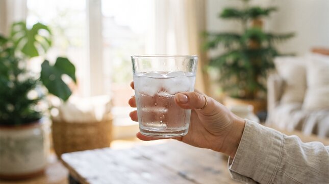 Woman holding clear glass of water near bright window with indoor plants for wellness lifestyle