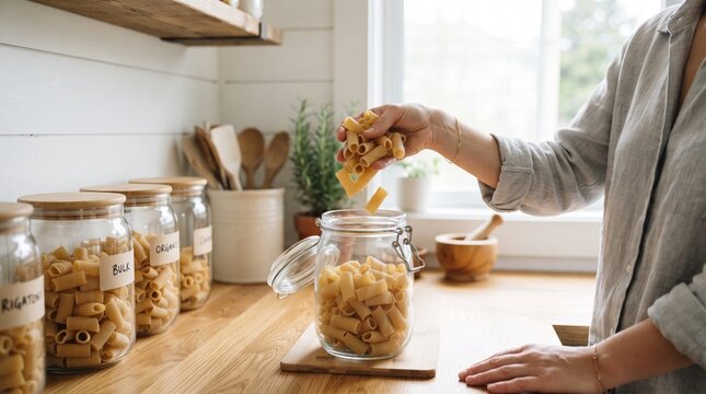 Person Filling Glass Jar with Pasta for Food Storage