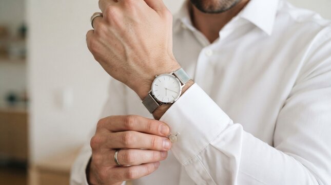 Businessman Adjusting Watch Cuff in Office Setting