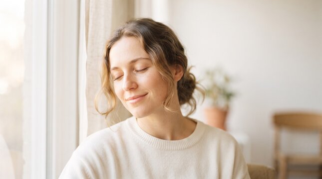 Young woman relaxing in soft natural light by sunny window with peaceful expression