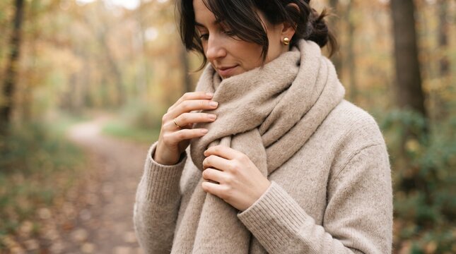 Woman wrapping wool scarf in autumn forest for warmth and comfort