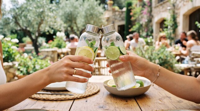 Two hands clinking water bottles in outdoor cafe setting
