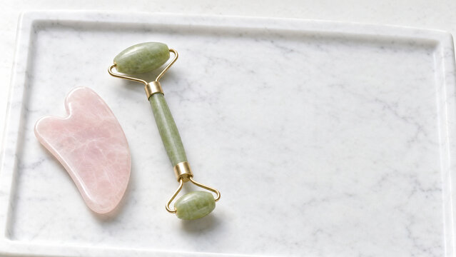 Rose quartz gua sha and jade roller on marble tray morning light