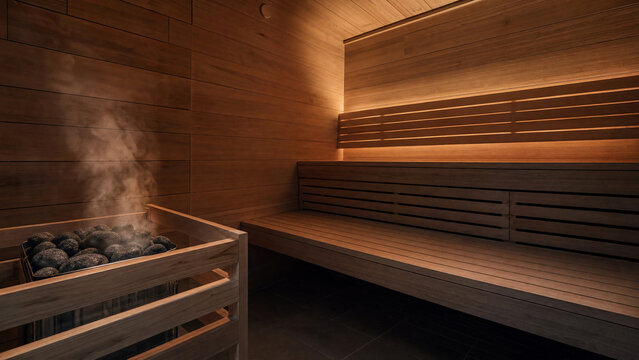 Finnish wooden sauna interior with steam and warm amber light