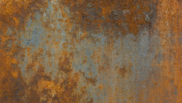 Heavily rusted industrial metal surface orange and blue patina texture