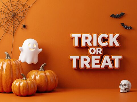 Festive halloween background with trick or treat text pumpkins a cute ghost and a small skull decoration