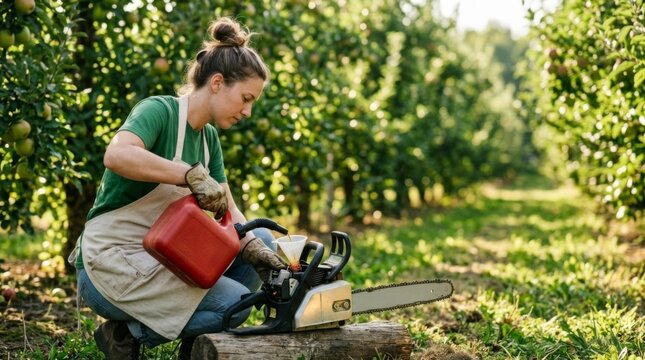 Woman fueling chainsaw in sunlit orchard with apples, preparing for tree maintenance