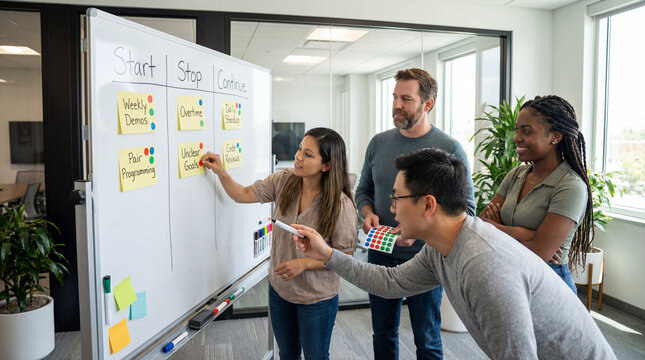 Agile team conducting a retrospective, using a Start Stop Continue board and dot voting on whiteboard to discuss practices, feedback and improvements for future software development work