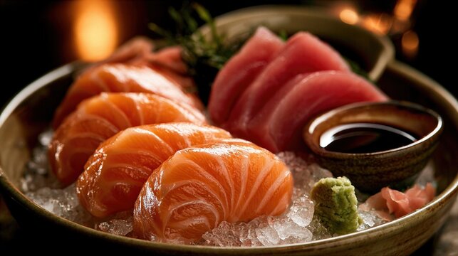 Premium commercial food photography banner of a luxury sushi and sashimi platter featuring fresh salmon nigiri and raw tuna on crushed ice