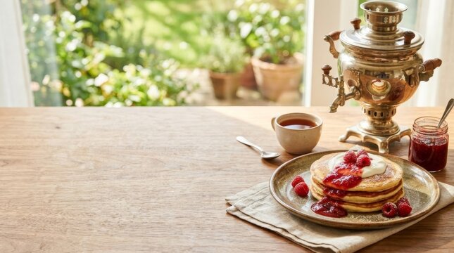 Delicious pancakes with fresh raspberries and whipped cream, served with jam and tea beside a vintage samovar on a rustic wooden table.