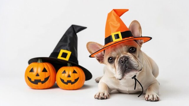 A seamless pattern french bulldog wearing a witch hat with pumpkins