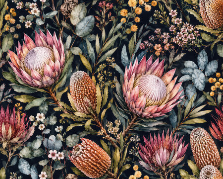 Seamless Watercolor Protea Floral Pattern with Australian Native Flowers and Eucalyptus