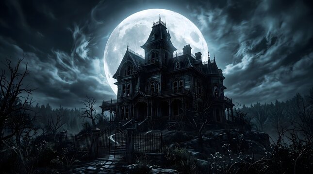 A spooky halloween night depicts a dark castle silhouetted against a full eerie moon and stormy skies