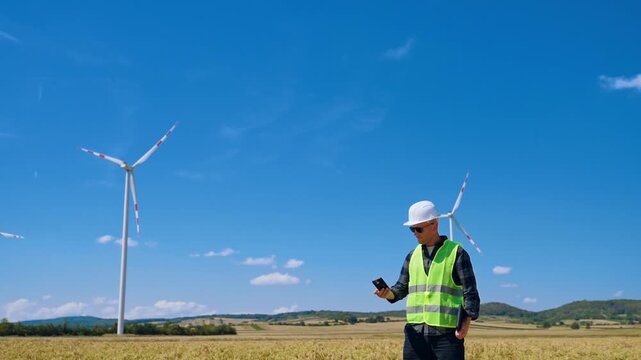 Male engineer in hard hat, sunglasses and vest stands in the field with wind farm. Man holds a laptop and speaks on the phone.
