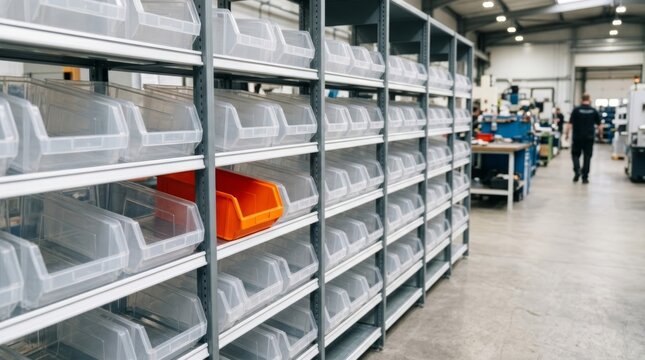 Clear bin shelving units with one orange bin create organized storage in a modern factory workspace with bright lighting.