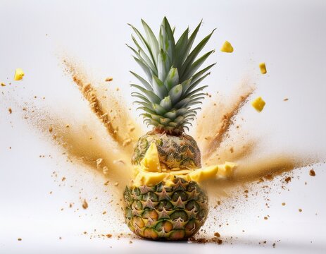 a whole pineapple exploding into pieces with powdered fruit and a white background