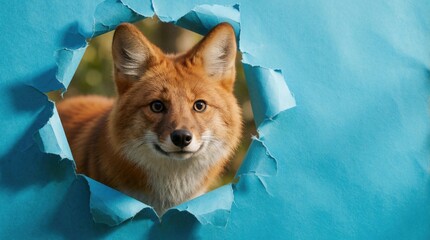 Naklejka premium Cute wild fox looks through torn hole in blue paper. Red animal with big ears peeks out from bright background. Fluffy predator shows curious face. Small forest mammal explores new space in creative