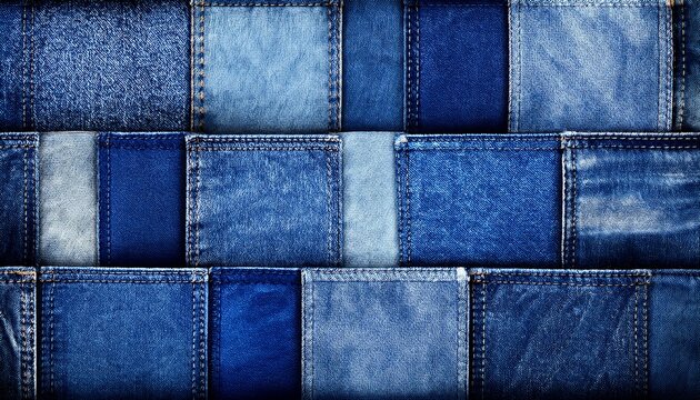a patchwork of denim squares in various shades of blue