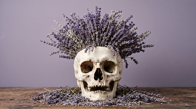 A hauntingly beautiful image of a human skull adorned with delicate lavender flowers evoking themes of mortality and remembrance
