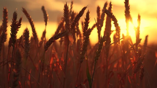 Agricultural industry. Ripe ears wheat ripen in sun, summer field. Agricultural business. Large wheat harvest. Golden ears wheat in farmer field. Close-up. Organic wheat grown in fertile soil. Sunset